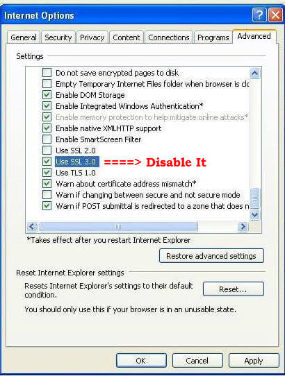 Disable SSL 3.0 in Internet Explorer