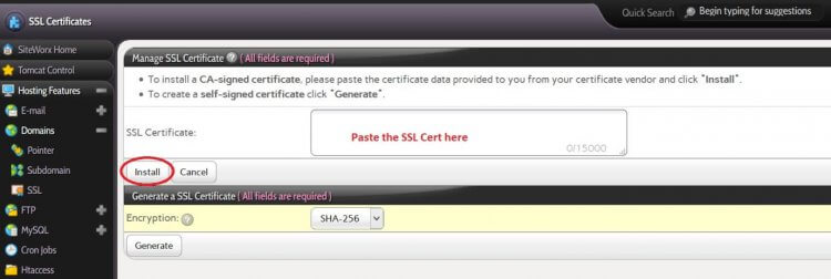 paste ssl certificate in interworx control panel