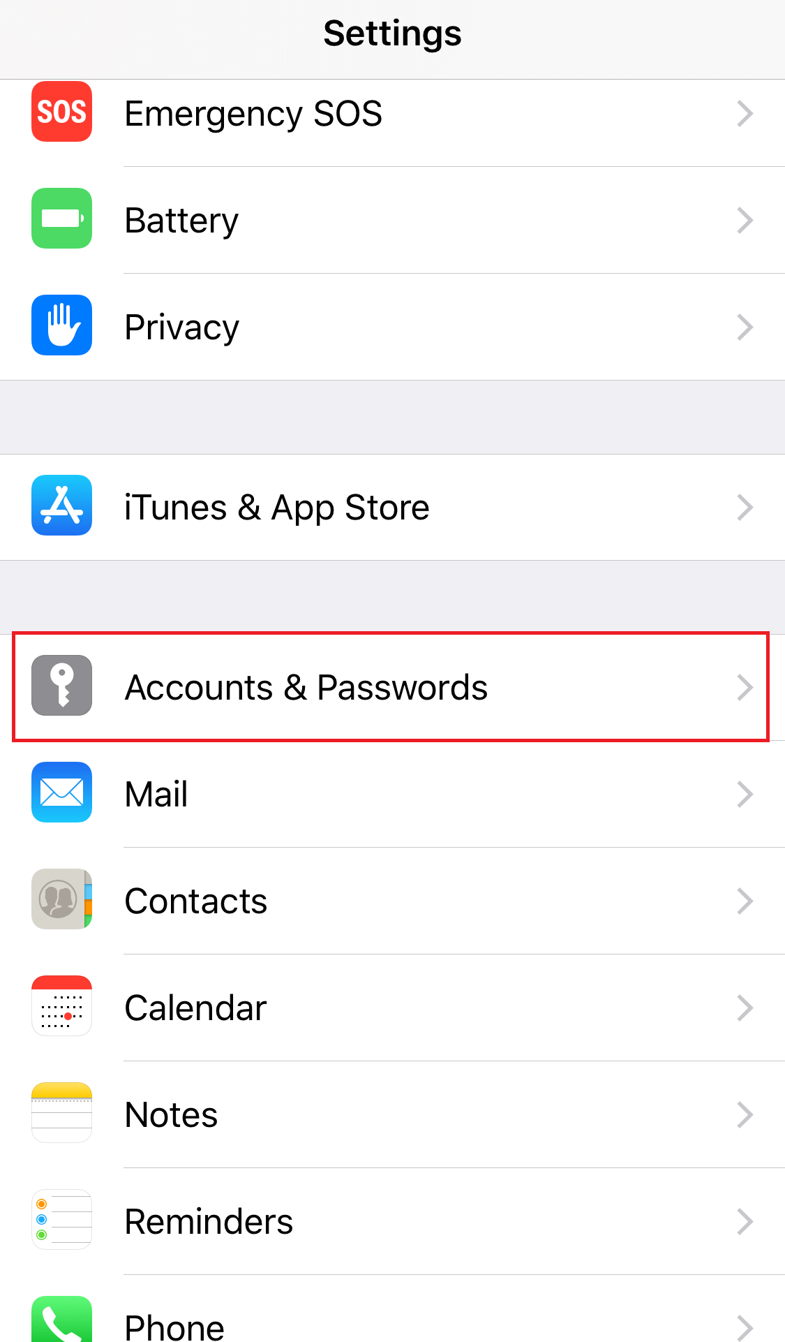 enable ssl on iphone - select accounts & password