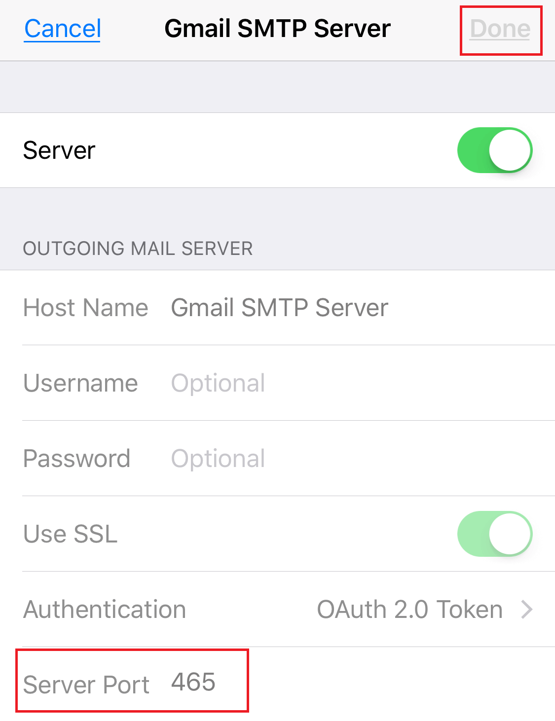 enable ssl on iphone - server port 465