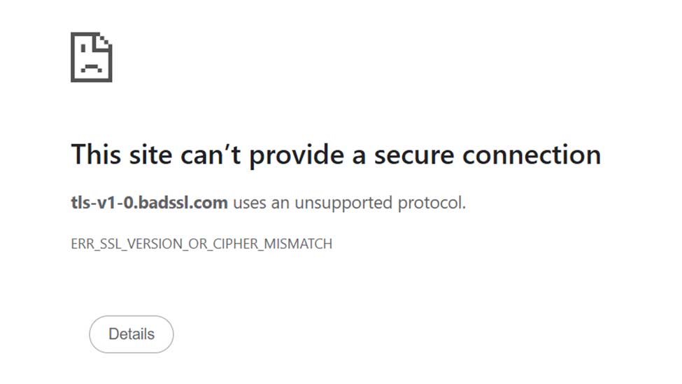 A screenshot of the ERR_SSL_VERSION_OR_CIPHER_MISMATCH error in Firefox