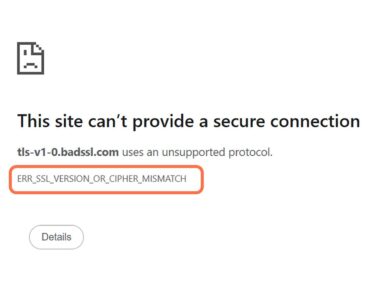 A screenshot that shows the error message 'ERR_SSL_VERSION_OR_CIPHER