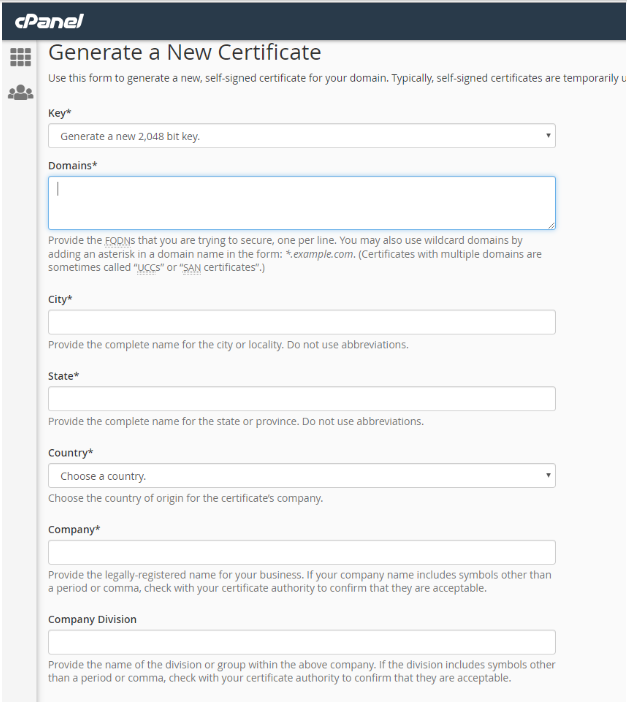 CSR generation process in Cpanel