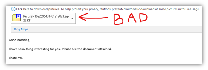 How to prevent ransomware graphic: A screenshot of a phishing email example that contains a malicious attachment.