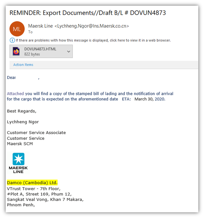 Phishing email examples graphic 6: An example of a fake Maersk email containing a potentially malicious file
