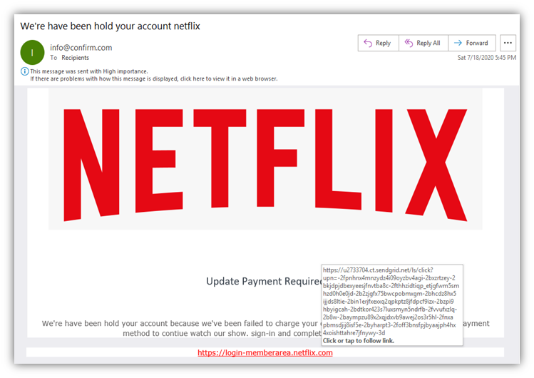 Phishing email examples graphic 5: A fake Netflix email that contains a phishing link