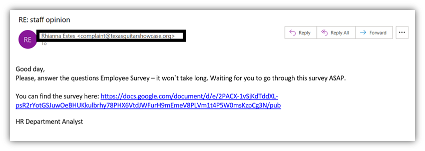 How to tell if an email is fake or real: this screenshot shows an HR phishing email from the email address from the domain texasguitarshowcase.org. 
