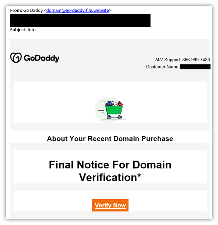 How to tell if an email is fake or real: this screenshot shows a fake GoDaddy phishing email from an imposter domain "go-daddy-file.website."