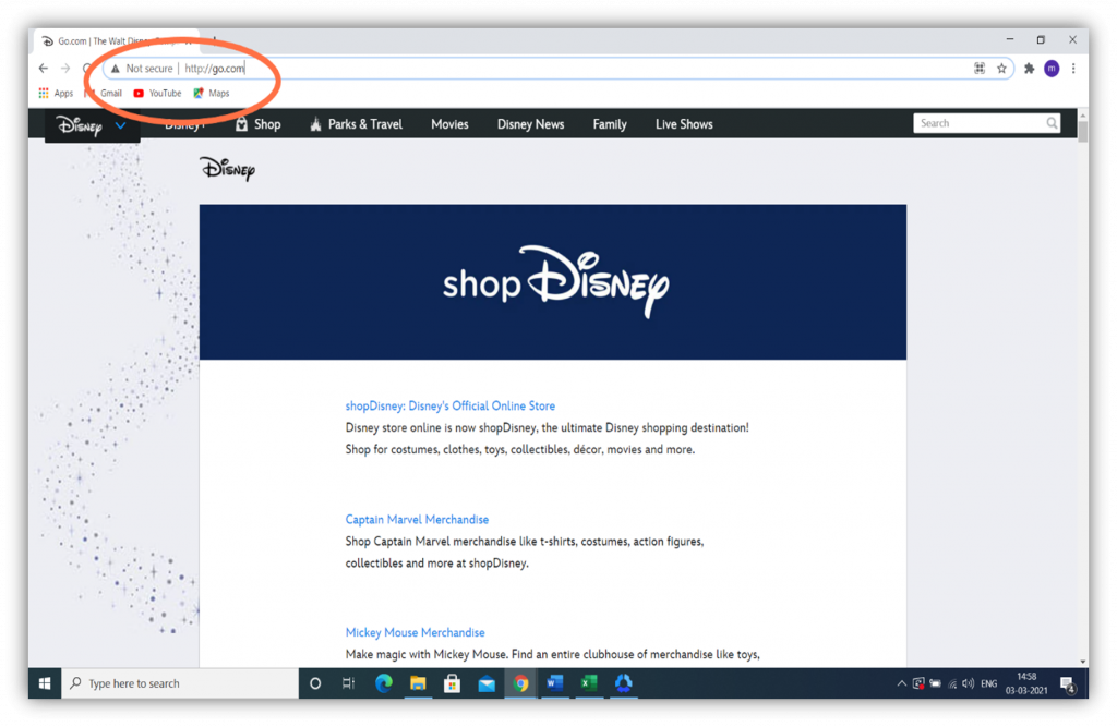 HTTP vs HTTPS graphic: This screenshot showcases an insecure Shop Disney site.