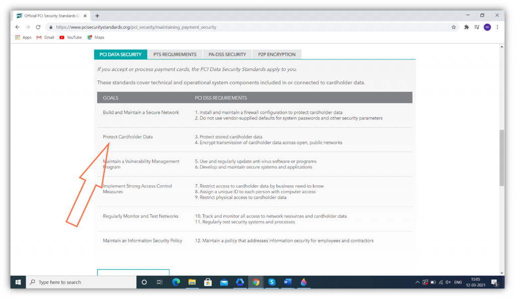 A screenshot from the PCI DSS site that highlights the section talking about protecting cardholder data.