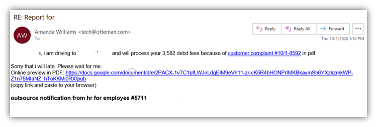 Phishing email examples graphic 7: A fake HR-related email with a phishing link to a Google doc.