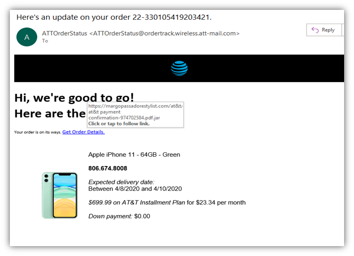 Phishing email examples graphic 2: A fake email that's designed to look like it came from AT&T