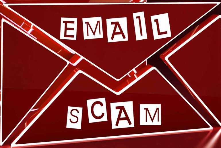phishing email examples feature graphic of a red email illustration with the threatening message "email scam" written in scrapped, mismatched letters
