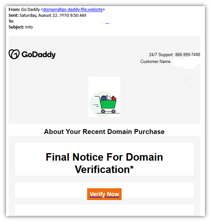 Phishing email examples graphic 4: A fake GoDaddy email attempting to trick the recipient into clicking on a phishing site link.