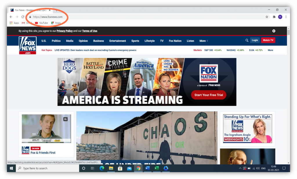 HTTP vs HTTPS graphic: A screenshot of the secure foxnews.com website. 