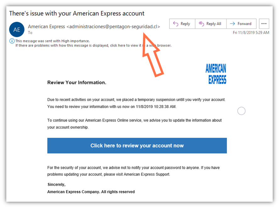  en skärmdump av en bedräglig e-postspoofing American Express