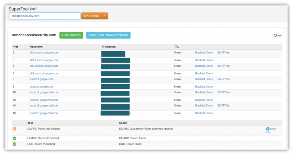 A screenshot that displays DNS records for CheapSSLsecurity.com and DMARC records.