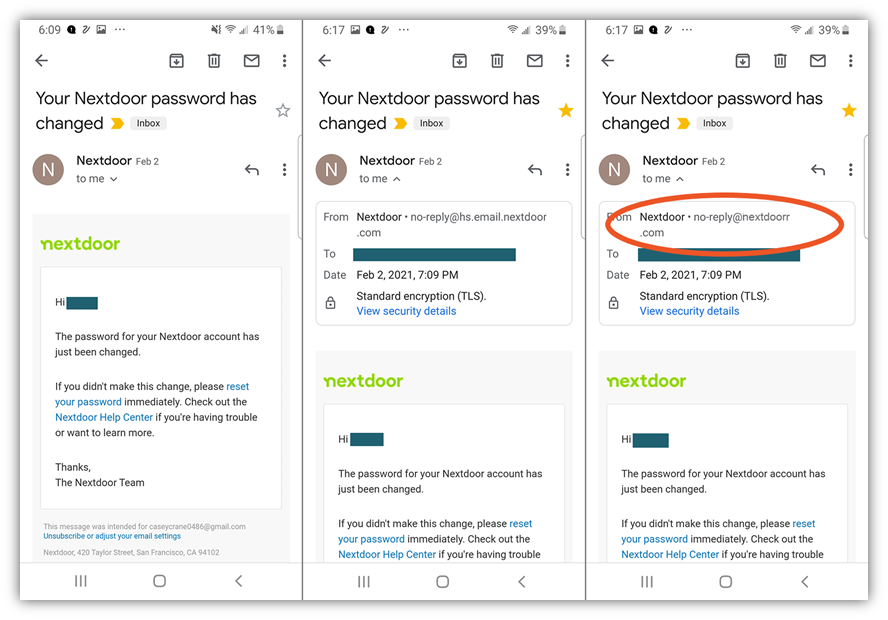 A compilation of three screenshots of Nextdoor emails. The first displays only the sender's display name. The second shows the legitimate Nextdoor sender email address. The third shows an email spoofing attempt from an email that is sent from an email address at the fake domain "nextdoorr.com"