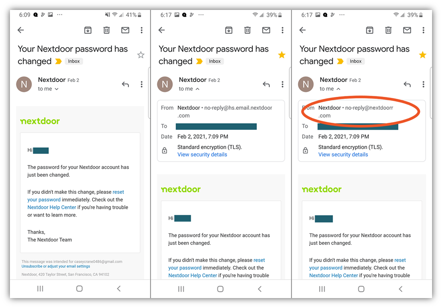 Una compilación de tres capturas de pantalla de correos electrónicos al lado. La primera muestra solo el nombre para mostrar del remitente. El segundo muestra la dirección de correo electrónico legítima del remitente de Nextdoor. El tercero muestra un intento de suplantación de correo electrónico desde un correo electrónico enviado desde una dirección de correo electrónico en el dominio falso nextdoorr.com