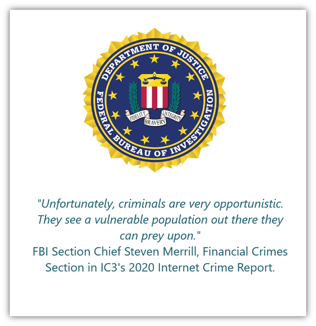  Eine Grafik, die das FBI-Siegel und ein Zitat von Sektionschef Steven Merrill enthält. 