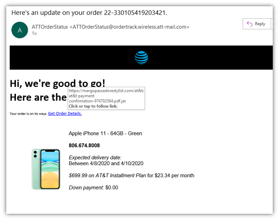 A screenshot of a fake AT&T email that tries to disguise a malicious URL to trick users into clicking on it.