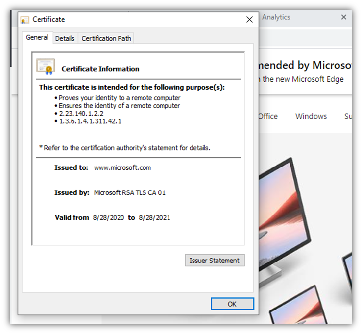 Typosquatting graphic: a screenshot of Microsoft.com's SSL/TLS certificate information
