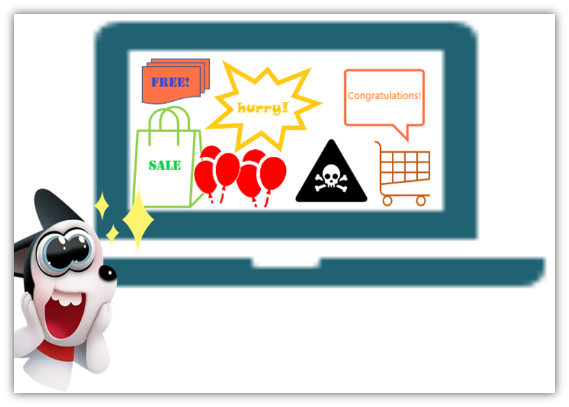 What is adware? Adware definition illustrated with a laptop filled with pop-up ads and a frustrated user