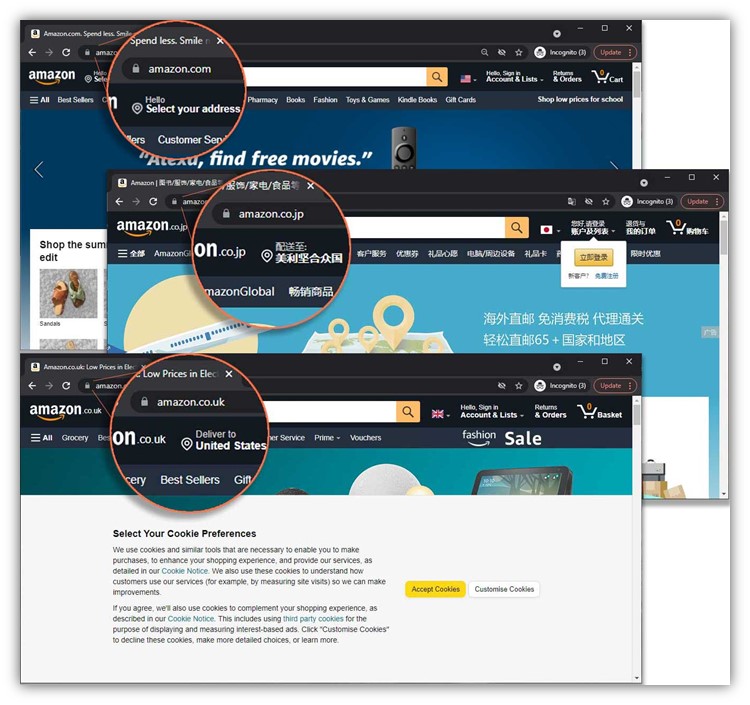 Three examples (three SAN domains) that are secured by a multi-domain SSL certificate