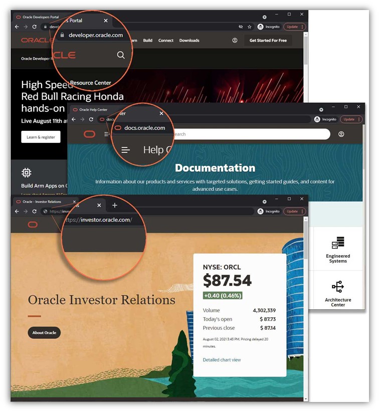 Three examples (three subdomains) that are secured by a wildcard SSL certificate