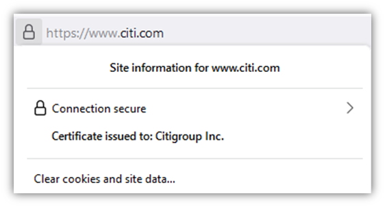 A Firefox screenshot of the verified company information for Citigroup, Inc., which owns citi.com