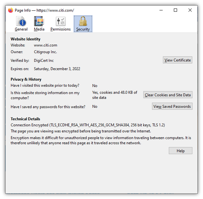 A Firefox screenshot of the website security certificate information for Citigroup, Inc., which owns citi.com