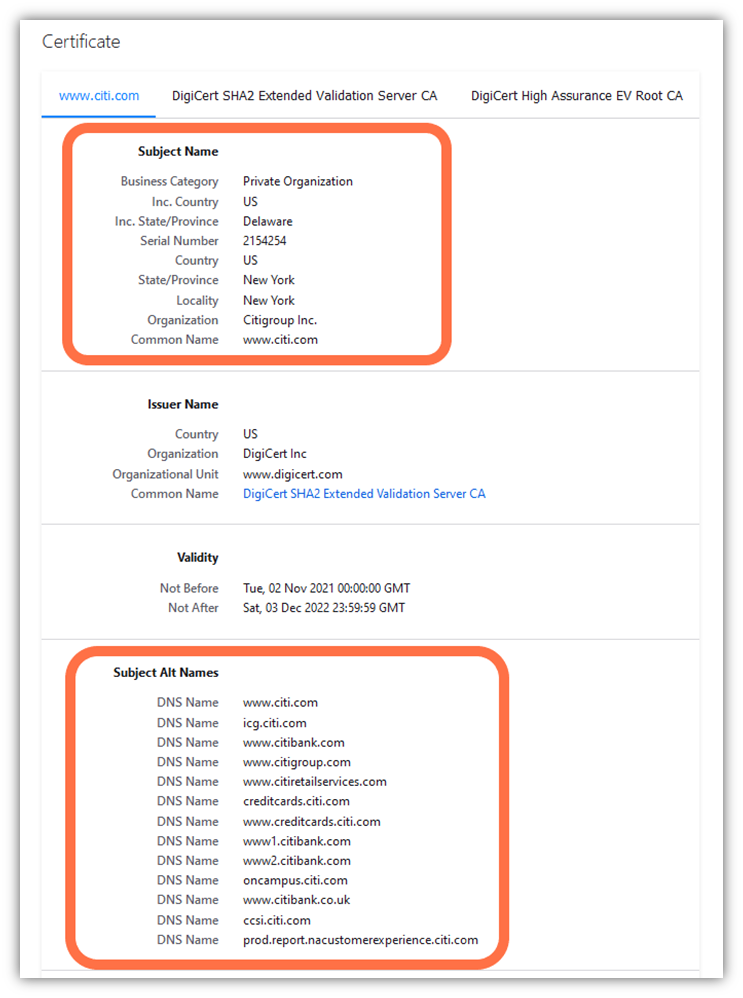 A Firefox screenshot of the website security certificate information that displays verified organizational info for Citigroup, Inc., which owns citi.com and related SAN domains