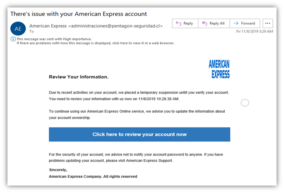 What is phishing? This screenshot of an email illustrates the concept when an attacker, pretending to be American Express, claims that the email recipient's account was temporarily suspended and that they need to login to update their account info.