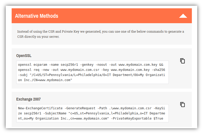 Alternative options for how to generate a private key from a certificate directly on your server