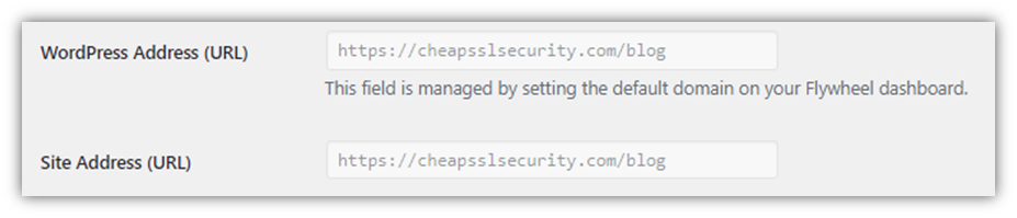 A screenshot of the WordPress settings, which shows HTTPS in both URL fields in this case.