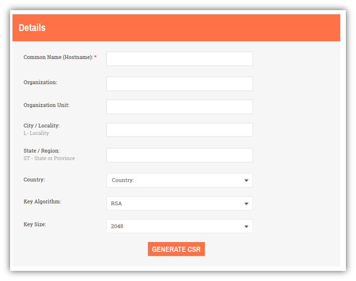 A screenshot of CheapSSLsecurity.com's CSR generation tool form, which includes 8 fields of information for the certificate requestor to complete