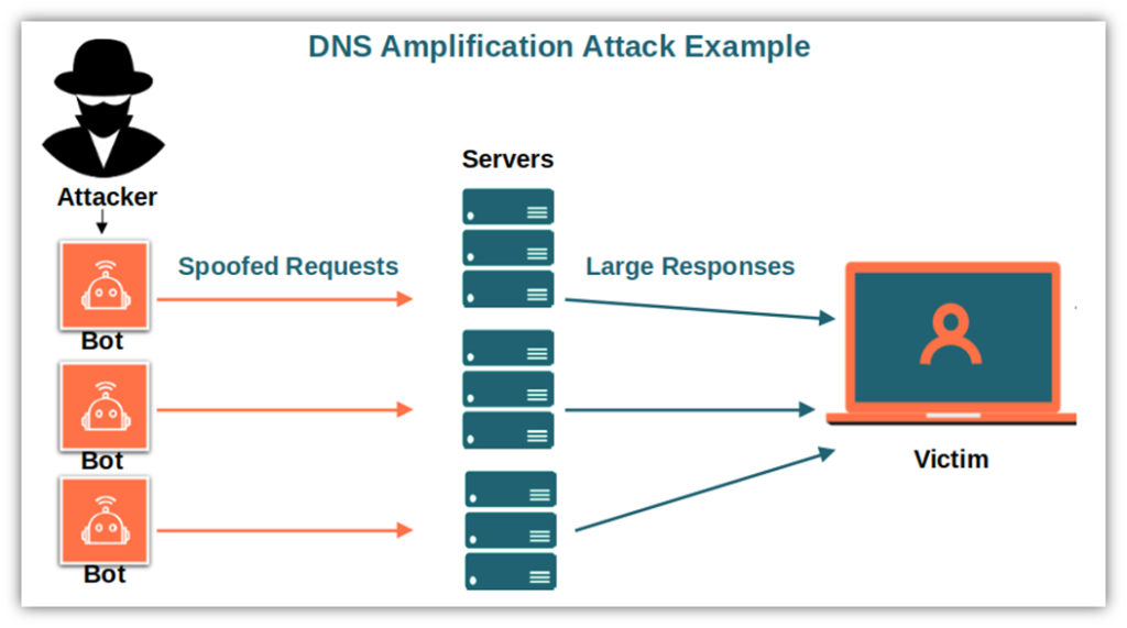 A graphic illustrating the concept of a DNS amplification attack