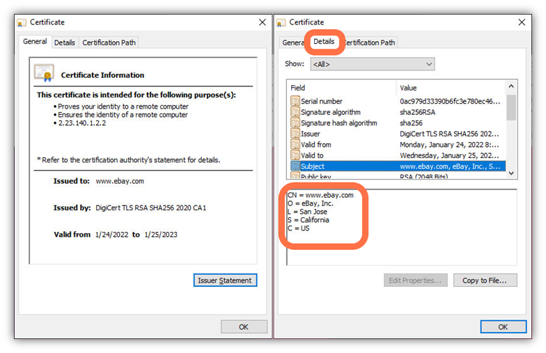 A screenshot of the verified organization information that displays in the extended validation SSL/TLS certificate details for eBay.com website.