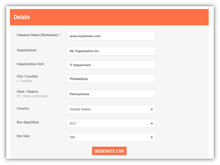 An example screenshot that shows a completed example CSR form