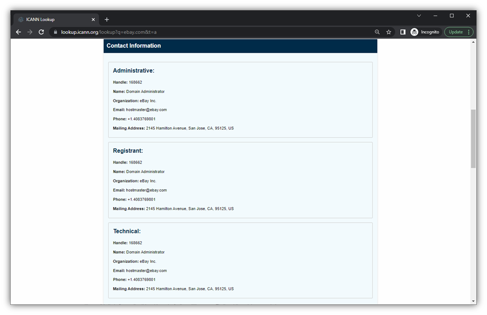 A screenshot of ICANN.org domain information for the domain eBay.com.