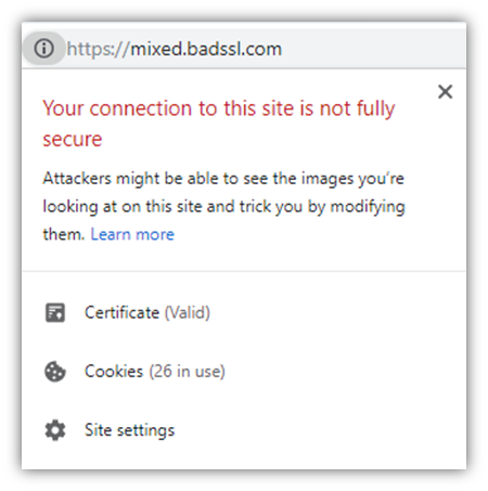 Mixed content wordpress graphic: A screenshot of the warning message that displays in the browser's URL bar when a website attempts to load HTTP and HTTPS content (mixed content)