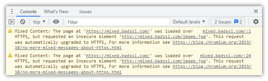 A screenshot of a browser console that displays a mixed content warning message