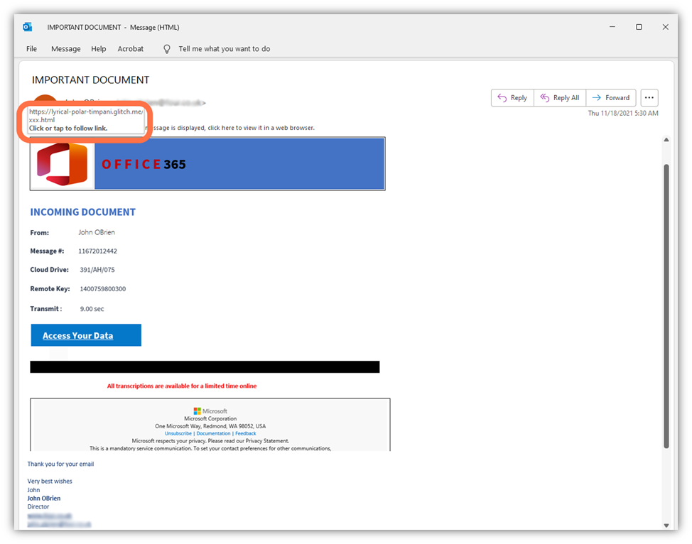 A screenshot of an example email with a phishing link embedded in disguise as a legitimate Microsoft URL.