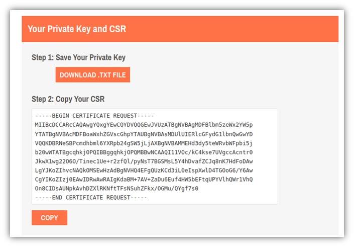 how to generate a private key certificate graphic: A screenshot of a resulting CSR and private key file download option