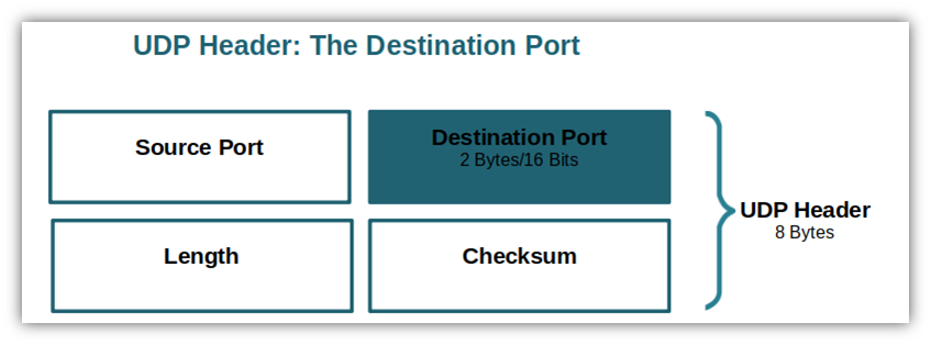 An illustration that shows where the destination port fits in a UDP header.