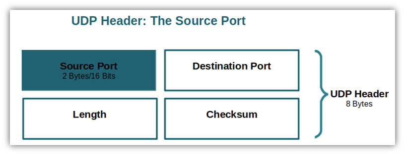 An illustration that shows where the source port fits in a UDP header.