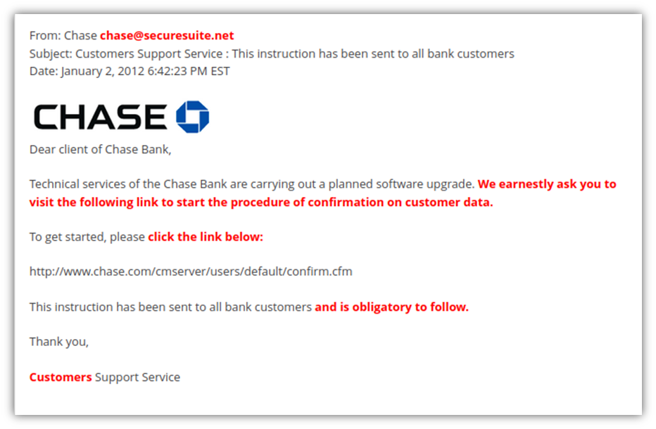 A screenshot of a phishing email that's designed to make it look like it's coming from Chase
