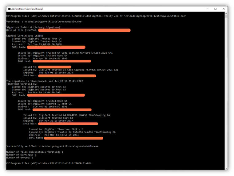 A screenshot of the Windows Command Prompt that shows the digital signature verification information