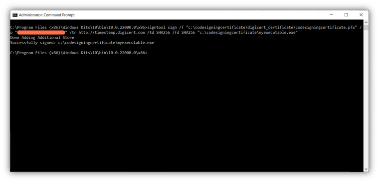 A screenshot of the Windows Command Prompt in Administrator mode that shows the time stamping information of a recently signed executable.