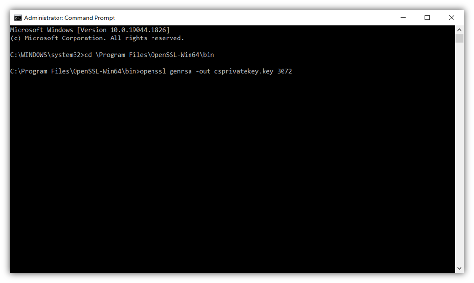 A screenshot from the Windows Command Prompt that shows how to generate a private key. 